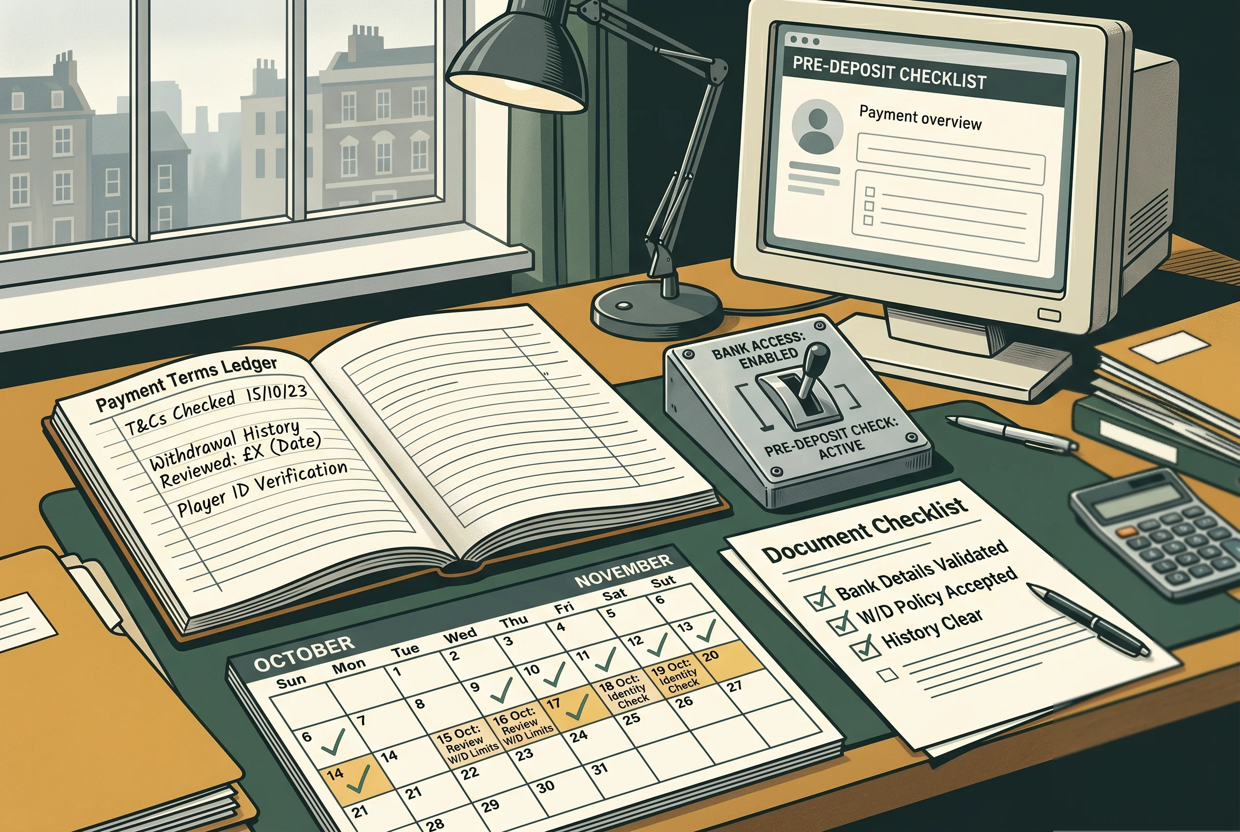 Payment terms and withdrawal records arranged beside a bank control checklist