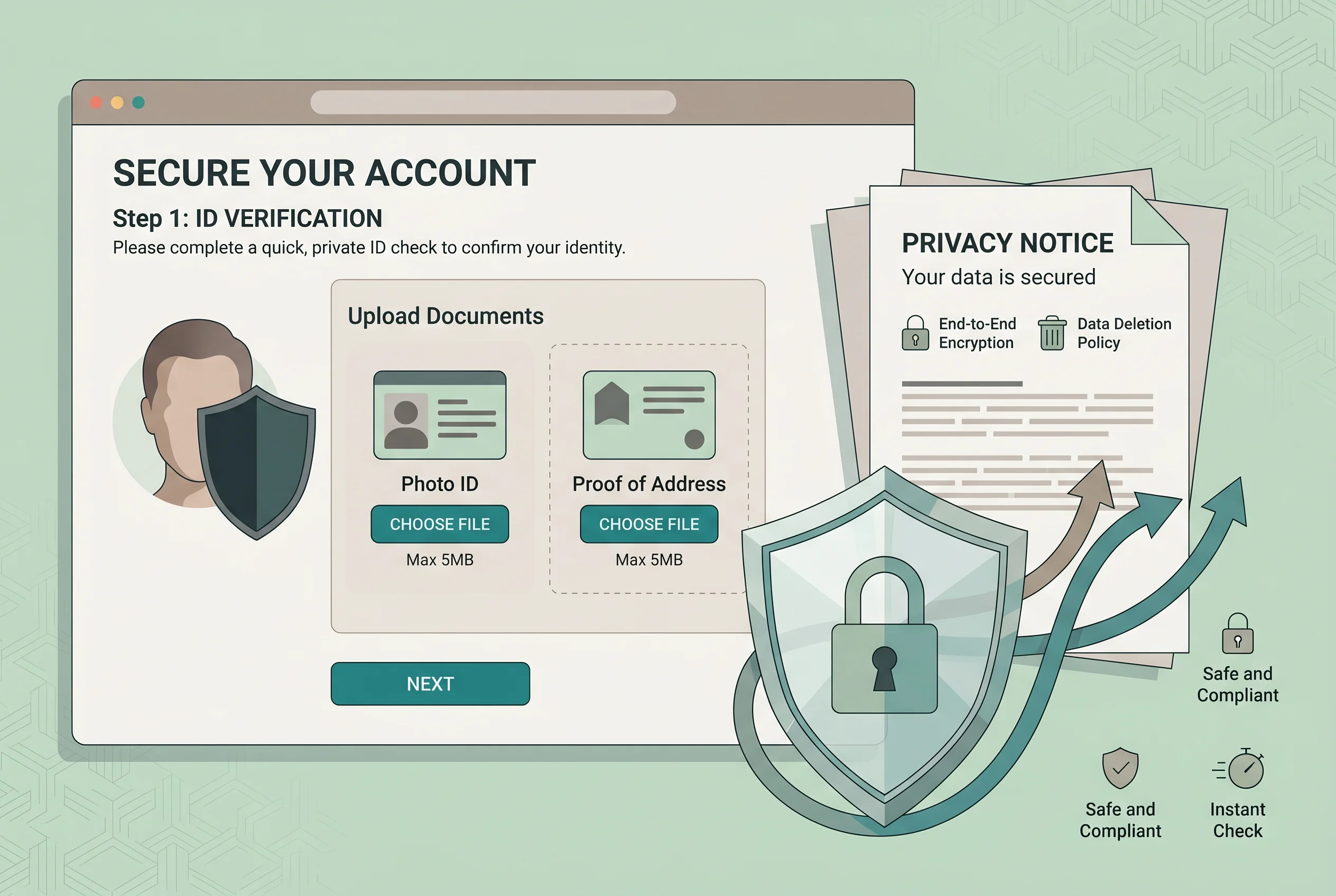 A document safety checklist with a protected upload screen and privacy notes